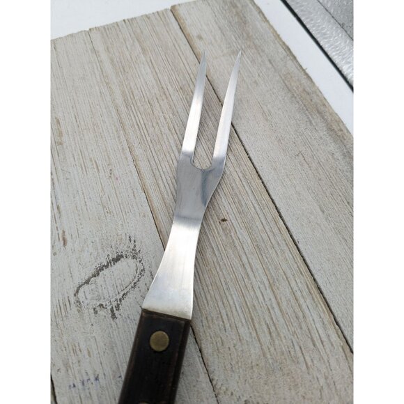 2 Prong Tine Meat Serving Fork Wood 10" Stainless Steel - Picture 2 of 7